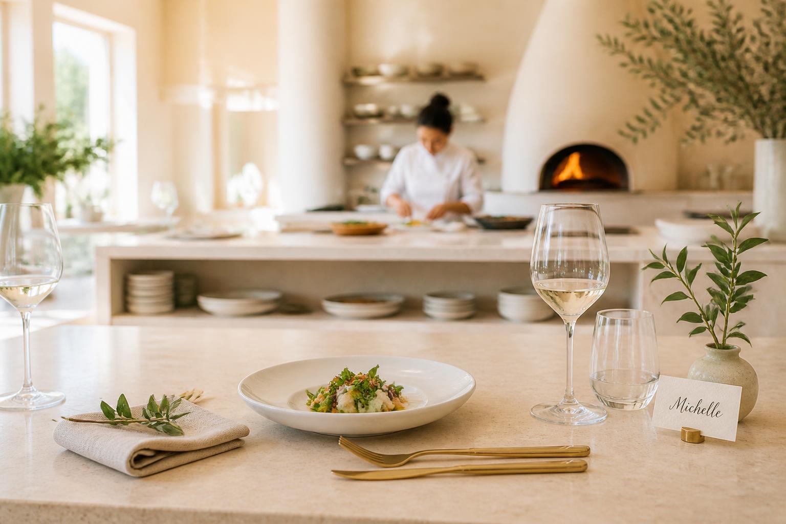 A chef working quietly at the pass of a contemporary open kitchen, seen from the seat closest to the kitchen