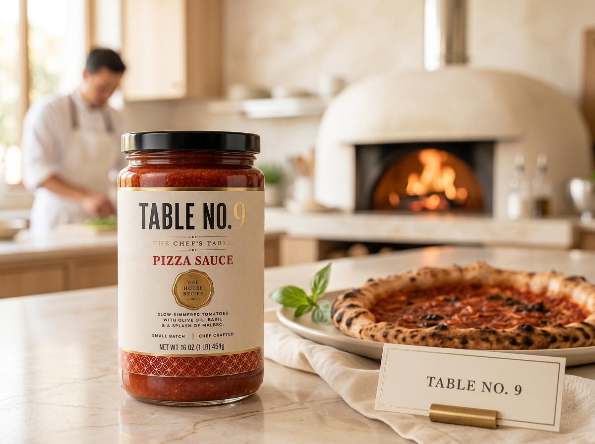 Table No.9 Pizza Sauce beside a fresh pizza in front of a wood-fired oven